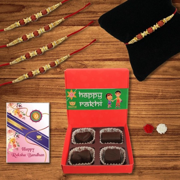 BOGATCHI 4 Chocolate Box 5 Rakhi Roli Chawal and Greeting Card  | Rakhi Special Chocolates | Rakhi Gift for Sister 